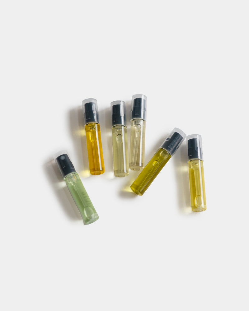 Fragrance Sample Set — six botanical fragrance vials with varying oil colors scattered on light gray, natural perfume discovery set