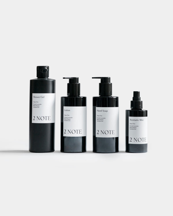The Quartet Gift Set — Shower Gel, Lotion, Hand Soap, and Aromatic Mist matte black bottles side by side on light gray, botanical skincare and natural fragrance collection