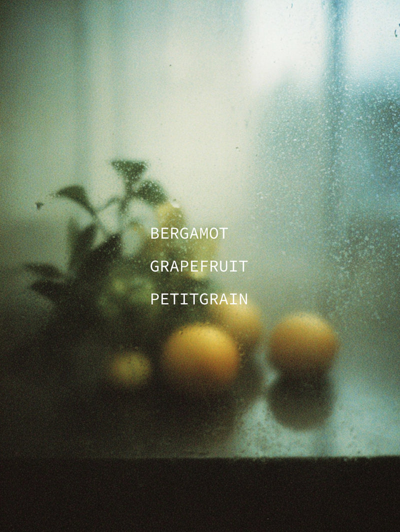 Citrus oranges through rain-streaked glass — ingredient portrait for Bergamot, Grapefruit, and Petitgrain botanical fragrance