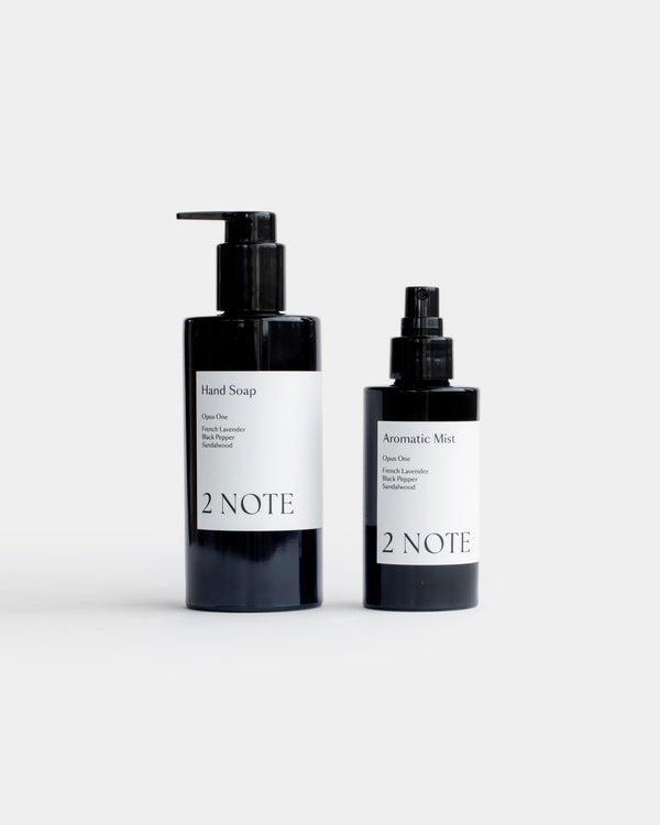 The Cleanse and Compose Set — Hand Soap and Aromatic Mist matte black bottles side by side on light gray, botanical skincare and natural fragrance sink ritual