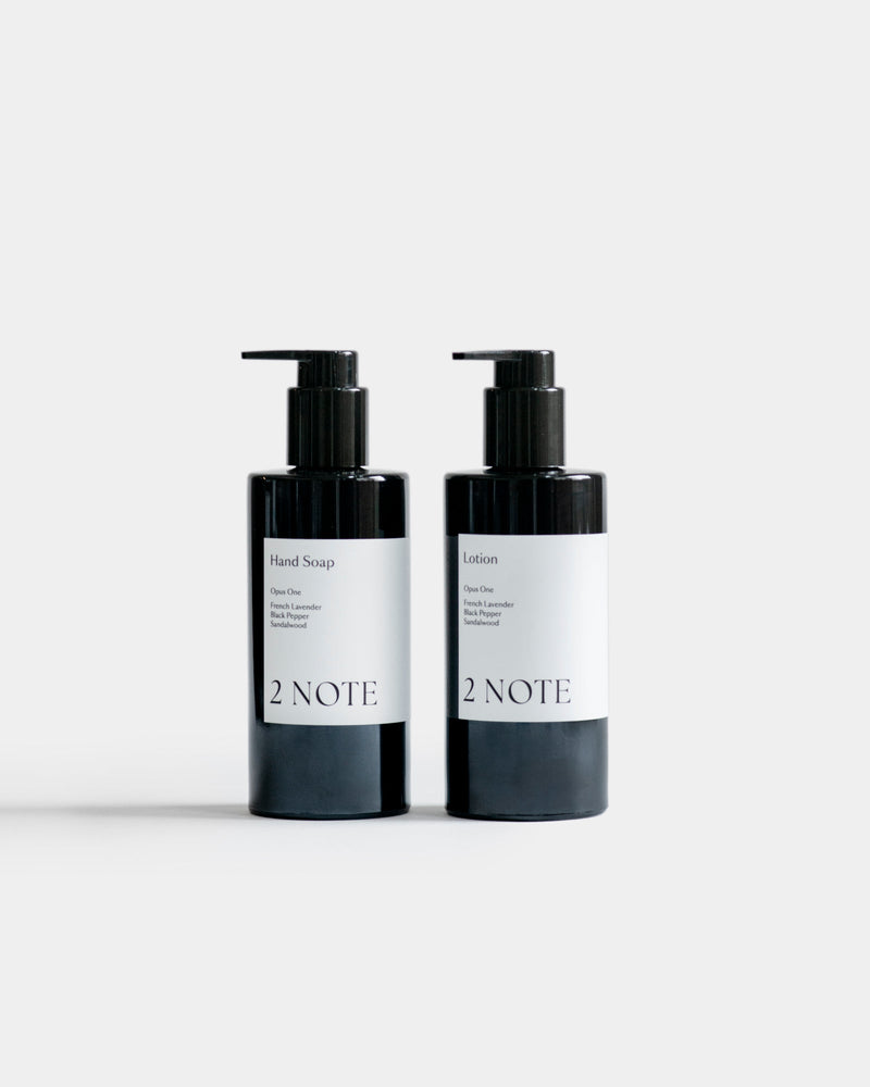 The Hand Duo Set — Hand Soap and Lotion matte black pump bottles side by side on light gray, botanical skincare hand care pairing