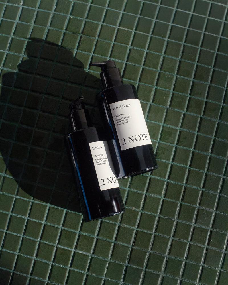 Hand Soap and Lotion matte black pump bottles on dark green glazed tile — botanical skincare hand care duo in direct sunlight with bold shadows