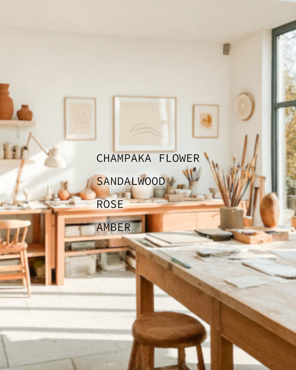 Sunlit clay pottery artist studio with wooden worktable and brushes — mood portrait for Rhapsody botanical fragrance with Champaka Flower, Sandalwood, Rose, and Amber