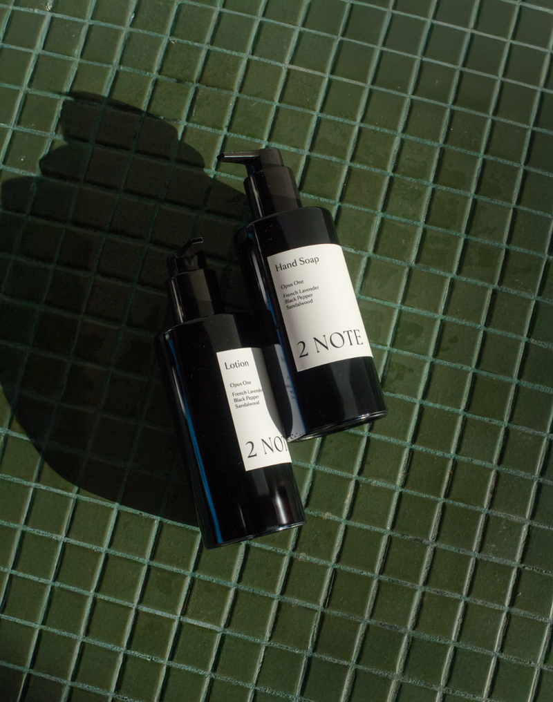 Lotion and Hand Soap matte black pump bottles lying on dark green glazed tile in diagonal sunlight — botanical skincare hand care duo